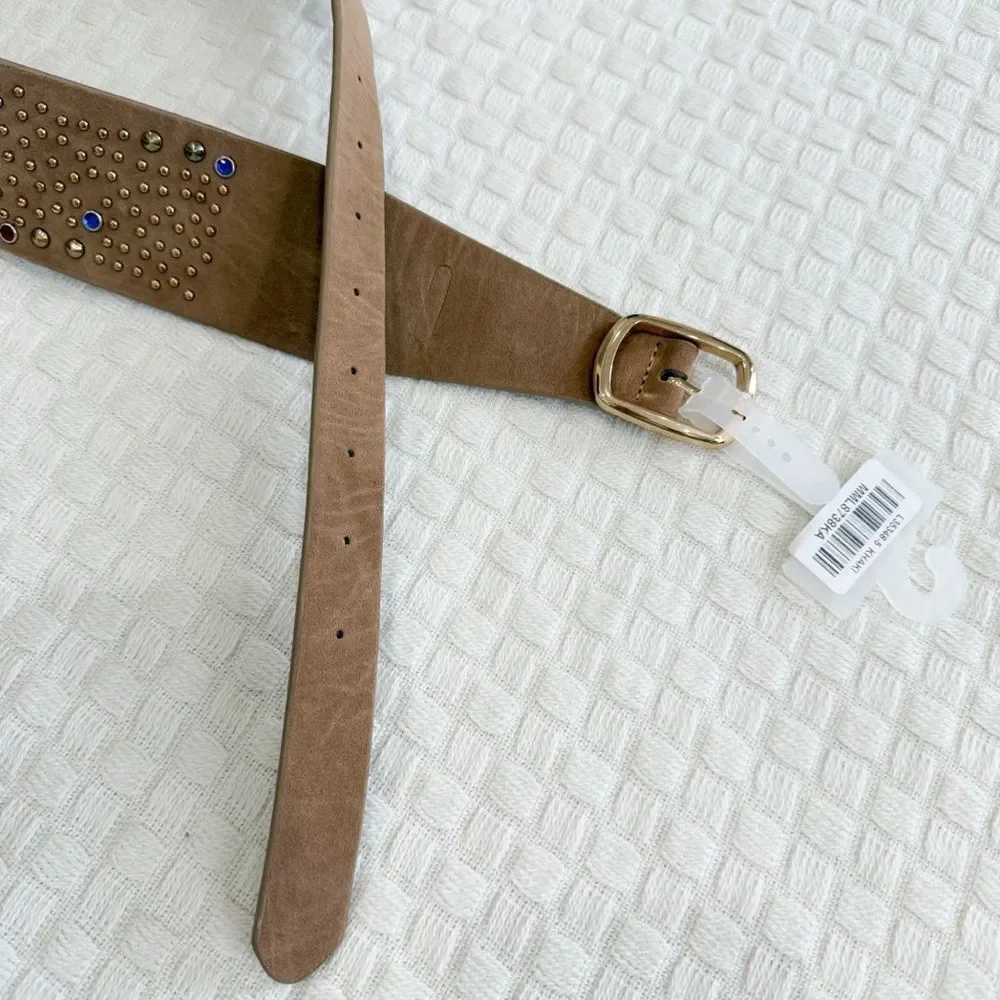 NEW Wide Vegan Leather Belt with Colorful and Metallic Studs Tan Khaki